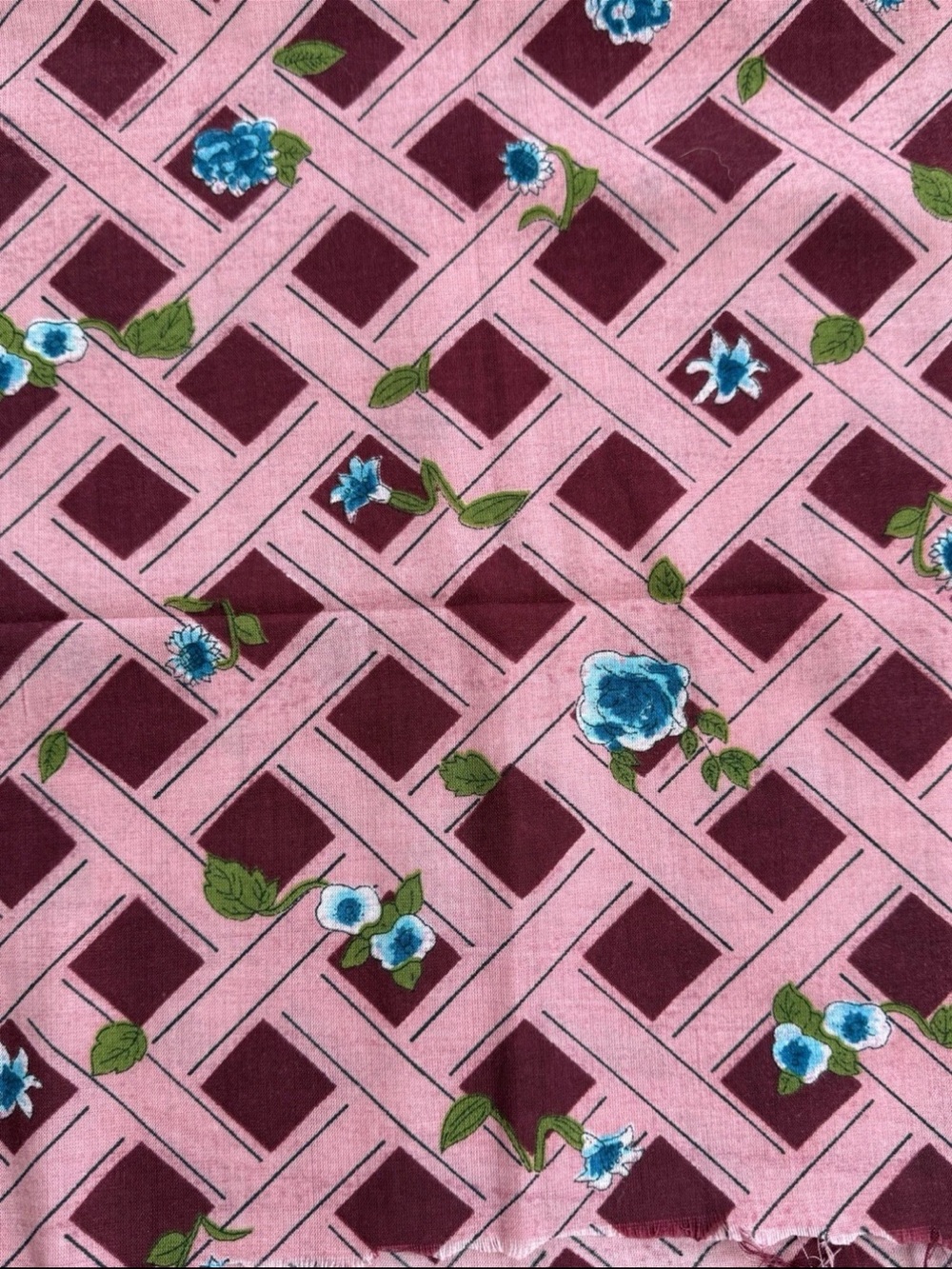 Vintage Pink Maroon Lattice Turquoise Floral Print Fabric 1 Yd + 29” X 46” W